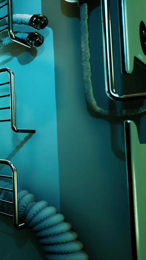 Metal rack on a blue wall with towels drying in a bathroom setting Stock Footage 338420841