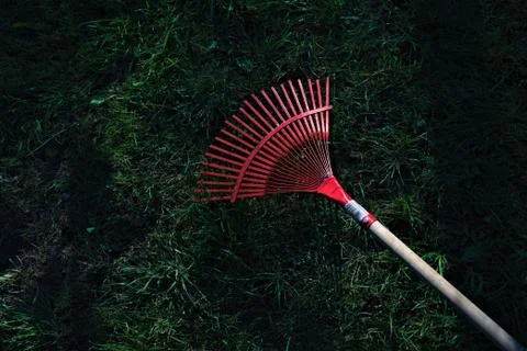 Metal red rake on a  grass, close-up Stock Photos
