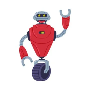 Metal Red Robot Machine with Limbs and Wheel for Labor Automation Vector Stock-Illustration