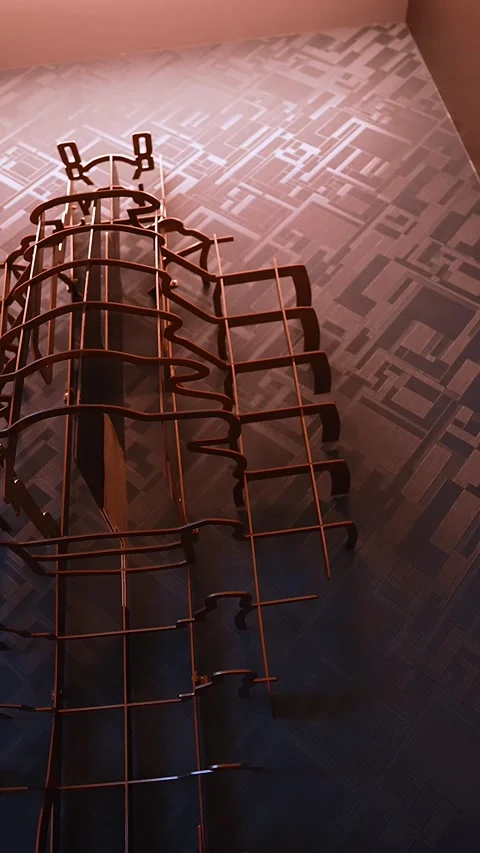 Metal ribbed wall installation and grid against patterned wallpaper Stock Footage 320891985