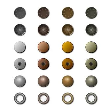 Metal Rivets and Eyelets Vector Set. Realistic Sewing Rivet Illustration Stock Illustration