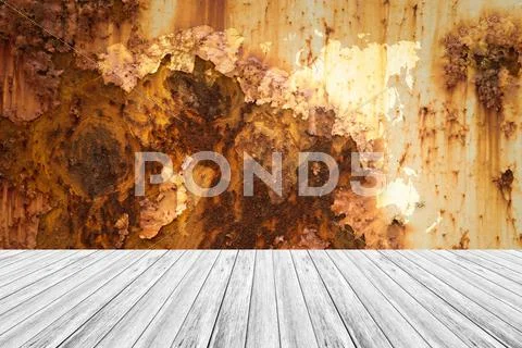 Metal rust wall texture surface with Wood terrace and world map Stock Photos