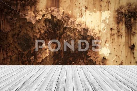Metal rust wall texture surface vintage style with Wood terrace and world map Stock Photos