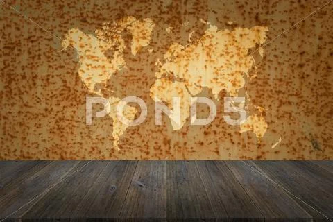 Metal rust wall texture surface with Wood terrace and world map Stock Photos