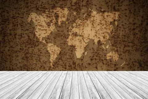 Metal rust wall texture surface vintage style with Wood terrace and world map 스톡 사진