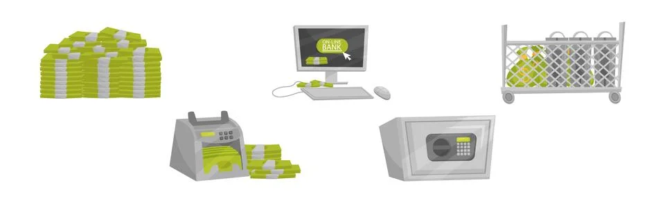 Metal Safe, Banknotes Stack, Counting Machine and Computer Vector Set Stock Illustration