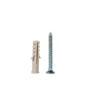 Metal screw with plastic wall plug isolated on white background. Minimalistic Stock Photos
