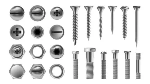 Metal Screw Set Vector. Stainless Bolt. Hardware Repair Tools. Head Icons. Nails 스톡 일러스트