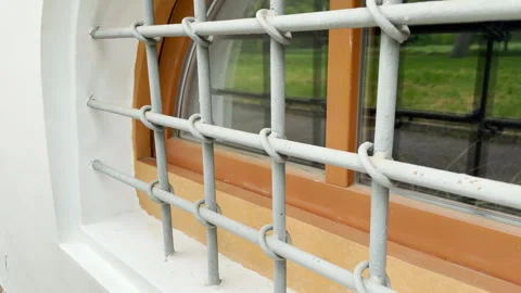 Metal Security Grille Protecting a Window on a Building Wall Stock Footage 335315652