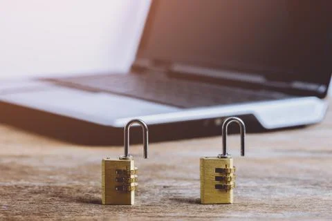 Metal security lock with password on computer keyboard Foto stock