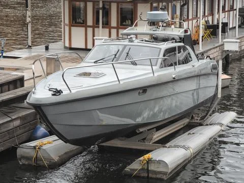 Metal security or border control boat in the water Foto stock