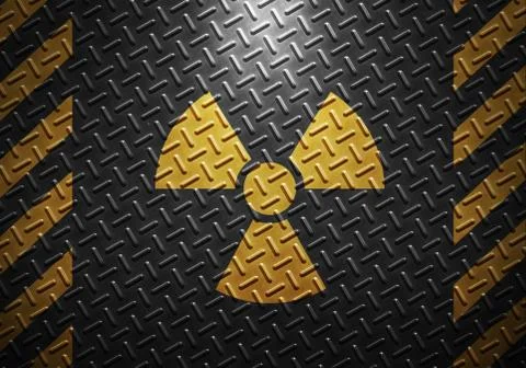 Metal sheet texture with yellow caution tape and radiation warning sign Stock Illustration