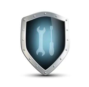 Metal shield with the image of the tool. isolated on white backg 스톡 일러스트