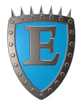 Metal shield with letter e on white background - 3d illustration Stock Illustration