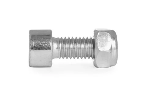 Metal socket bolt with nut isolated on white Foto stock