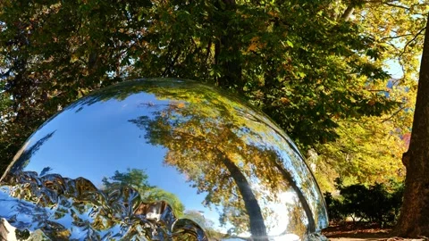 Metal Sphere with Tree Reflection in Autumn with Sunlight 스톡 동영상 220733605