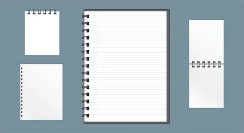 Metal spiral vector blank notebook, textbook, scrapbook empty template set Stock Illustration