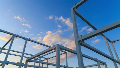 Metal structure on the construction site of an office building at sunset Stock Footage 150666198