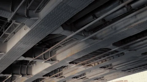 Metal Structure Of Truss Under Bridge With Studs And Support Columns Stock Footage 113289412