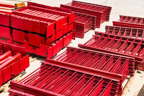 Metal structures at a construction site for installation. Storage of metal pr Photos