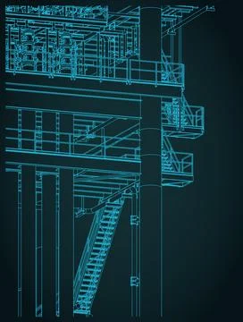 Metal structures offshore platform isometric blueprint close up Stock Illustration