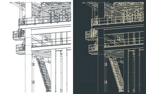 Metal structures offshore platform isometric drawings close-up 스톡 일러스트