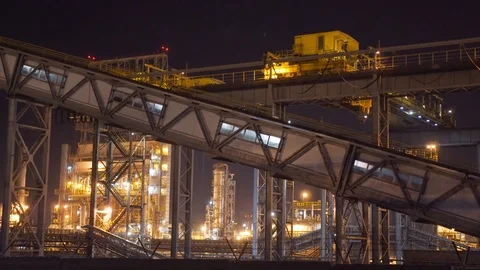Metal structures of an oil producing enterprise at night Stock Footage 106063775