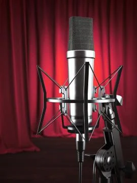 Metal studio microphone with curtains. 3d rendering Stock Illustration