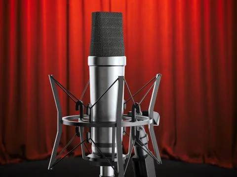 Metal studio microphone on the stage. 3d rendering Stock Illustration