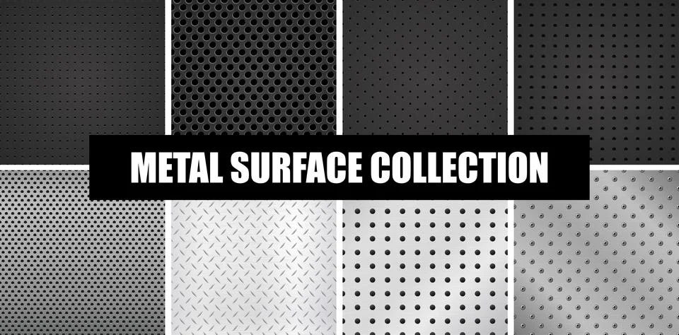Metal surface collection featuring perforated steel panels, geometric hole pa Stock Illustration