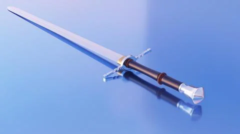 Metal sword on a blue background with clouds. Medieval period concept Stock Illustration