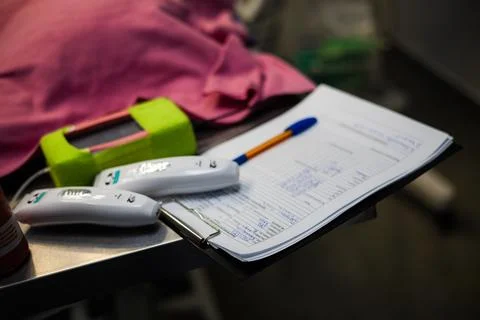 On a metal table are veterinary instruments and a medical chart with handwritten Stock Photos
