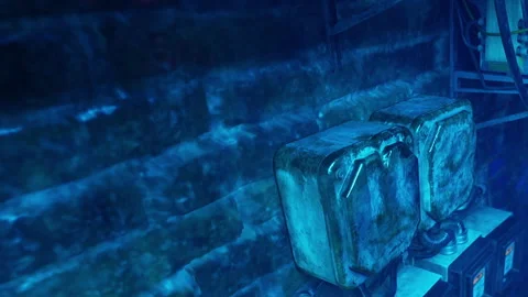 Metal tanks against a wall in a dimly lit industrial area with blue lighting Stock Footage 343552945