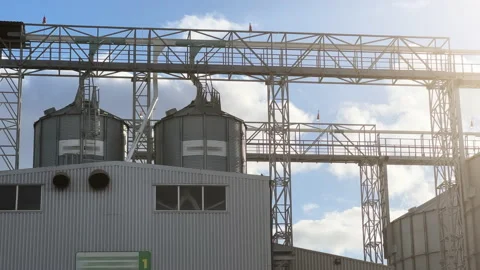 Metal tanks for processing and storage of soybean and wheat grain. Harvesting Video stock 219493171
