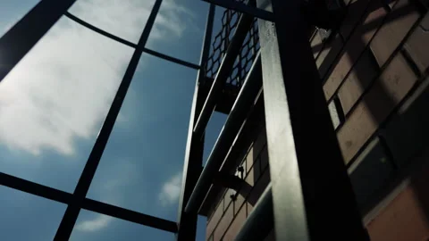 Metal technical access ladder mounted on exterior brick building Stock Footage 346549771
