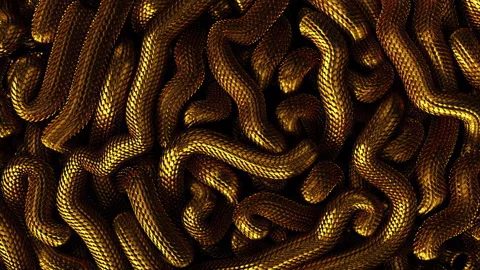 Metal texture dragon scales background.Lively coiled golden snakes background Stock Footage 236111253