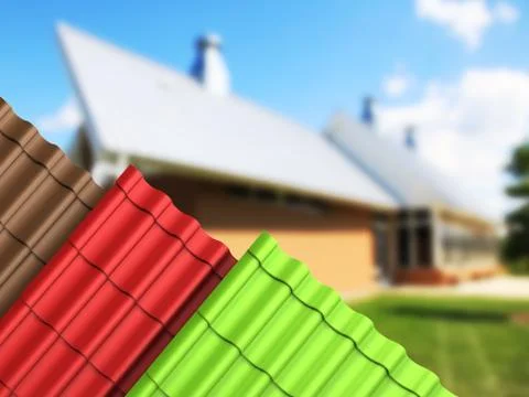 Metal tile sheets 3d render on hause background Stock Illustration