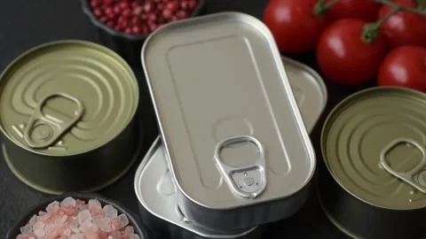 A metal tin can of meat, fish, or dog or cat food. A tin can of food Stock Footage 337547198
