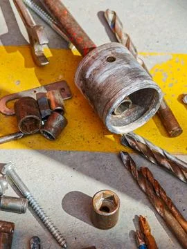 Metal tools on a concrete surface Stock Photos