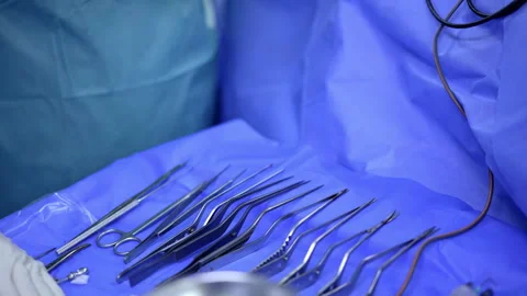 Metal tools on the surgical stand.  Stock Footage 293159985