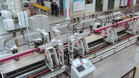 Metal transported by conveyor in fridge assembling workshop Stock Footage 106222435