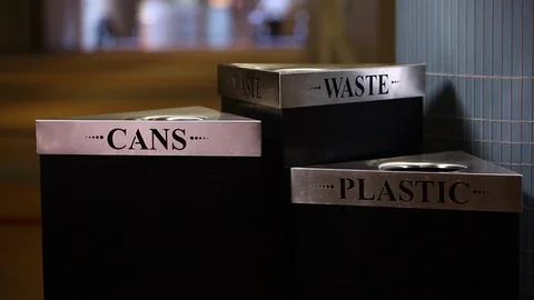 Metal trash and recycling bins. Clearly labeled. truck right Stock Footage 102185053