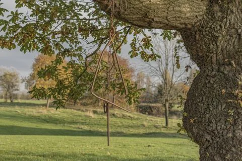 Metal triangle and striker hanging from a tree Stock Photos