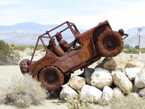 Metal Vehicle Wheeling on Rocks at Galleta Meadows in Borrego Springs California Stock Photos