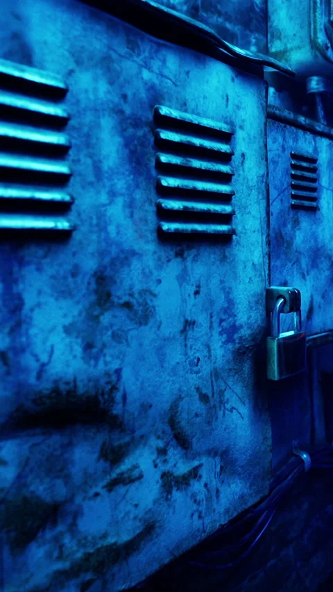 Metal wall with lock and vent in blue light in an urban setting Stock Footage 339511358