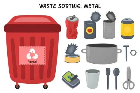 Metal waste sorting set. Red trash can for aluminium garbage with cans Stock Illustration