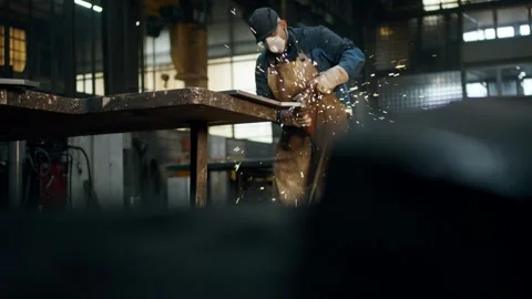 Metal Worker Grinding Workpiece with Sparks, Industrial Workshop, Close Up Stock Footage 341530645