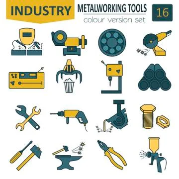 Metal working tools icon set. Thin line design Stock Illustration