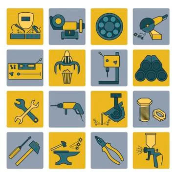 Metal working tools icon set. Thin line design Stock Illustration
