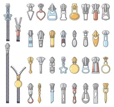 Metal zipper puller icons set, cartoon style Stock Illustration